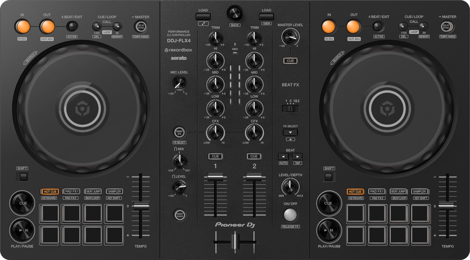 The virtual Pioneer DDJ-FLX4 you practise on in your browser — photoreal jog wheels, mixer, performance pads and loop controls
